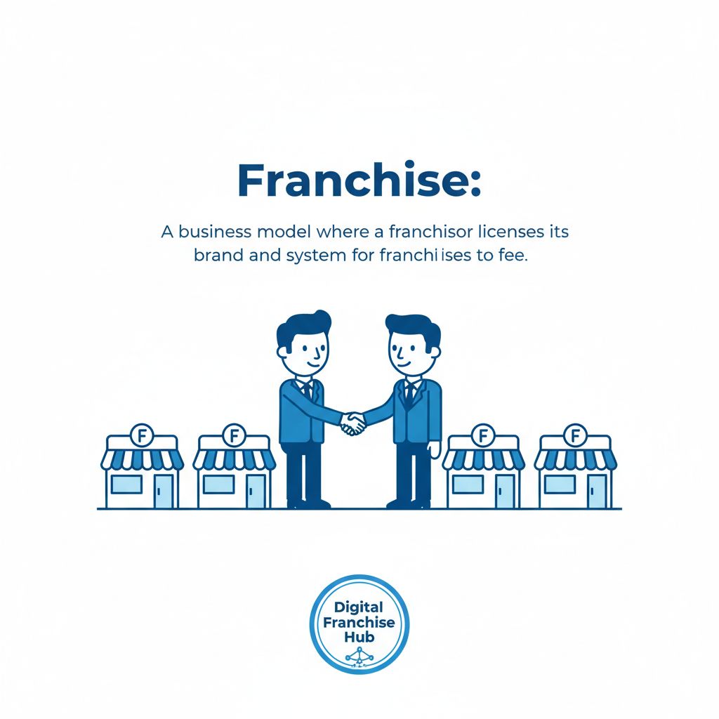 Franchise definition illustration with franchisor and franchisee.